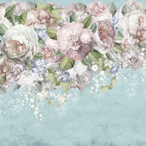 Pembe Gül Dalı Mavi Duvar Kağıdı W6646