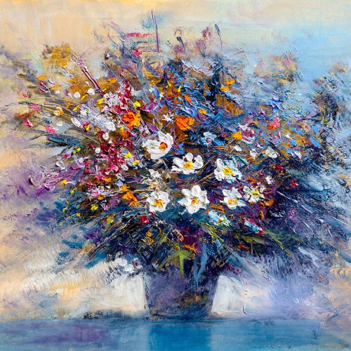 Mavi Çiçek Yağlıboya Duvar Kağıdı W6682